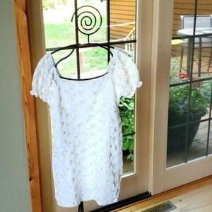 &merci White Gold Daisy Floral Lace Puff Sleeve Mini Dress Square Neck Medium